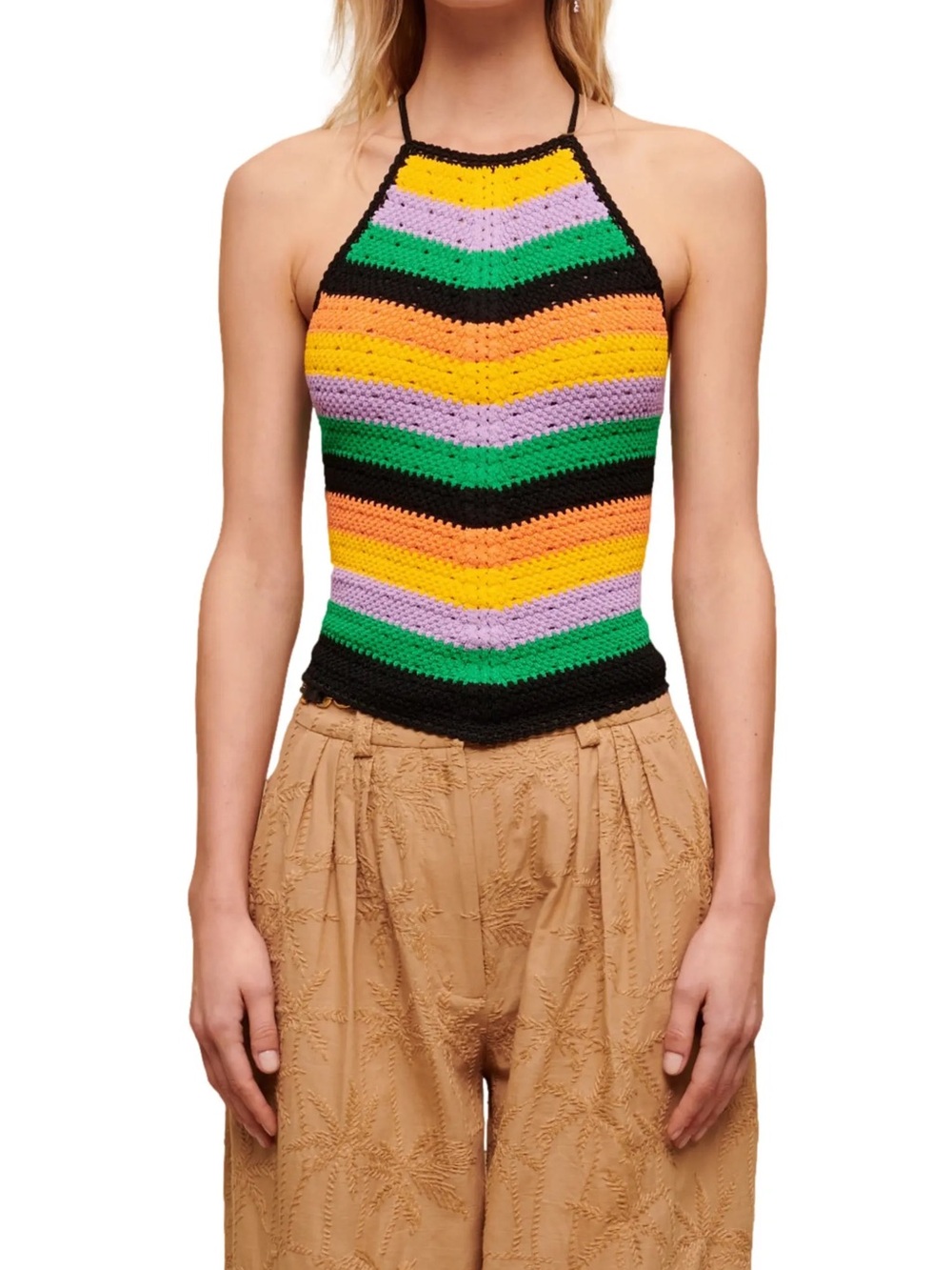 MAJE Matrix Crochet Halter Top Multicolor Open Back Lace-Up Knit Size 2